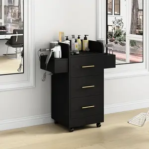 [DealsForYouDays][Summerwins] HOMBCK Beauty Salon Station with 3 Drawers, Rolling Station for Hair Stylist, Hair Salon Station Storage Cabinet on Wheels, Wood Stylist Storage Cabinet with 6 Hair Dryer Holders, White/Gold