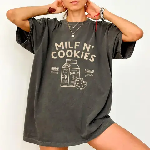 ChicCotton Women's Round Neck Smooth Seamless Graphic T-Shirt - Cotton Women's Top, Funny "Milf N' Cookies" Trendy Graphic Shirt, Stay-at-Home Comfort Top, Mom Gifting Option, Graphic T Shirts