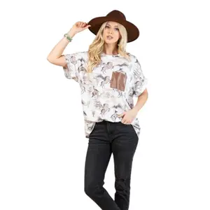 Western Cowboy Horses Print Pocket Top with Leather Detail for Women