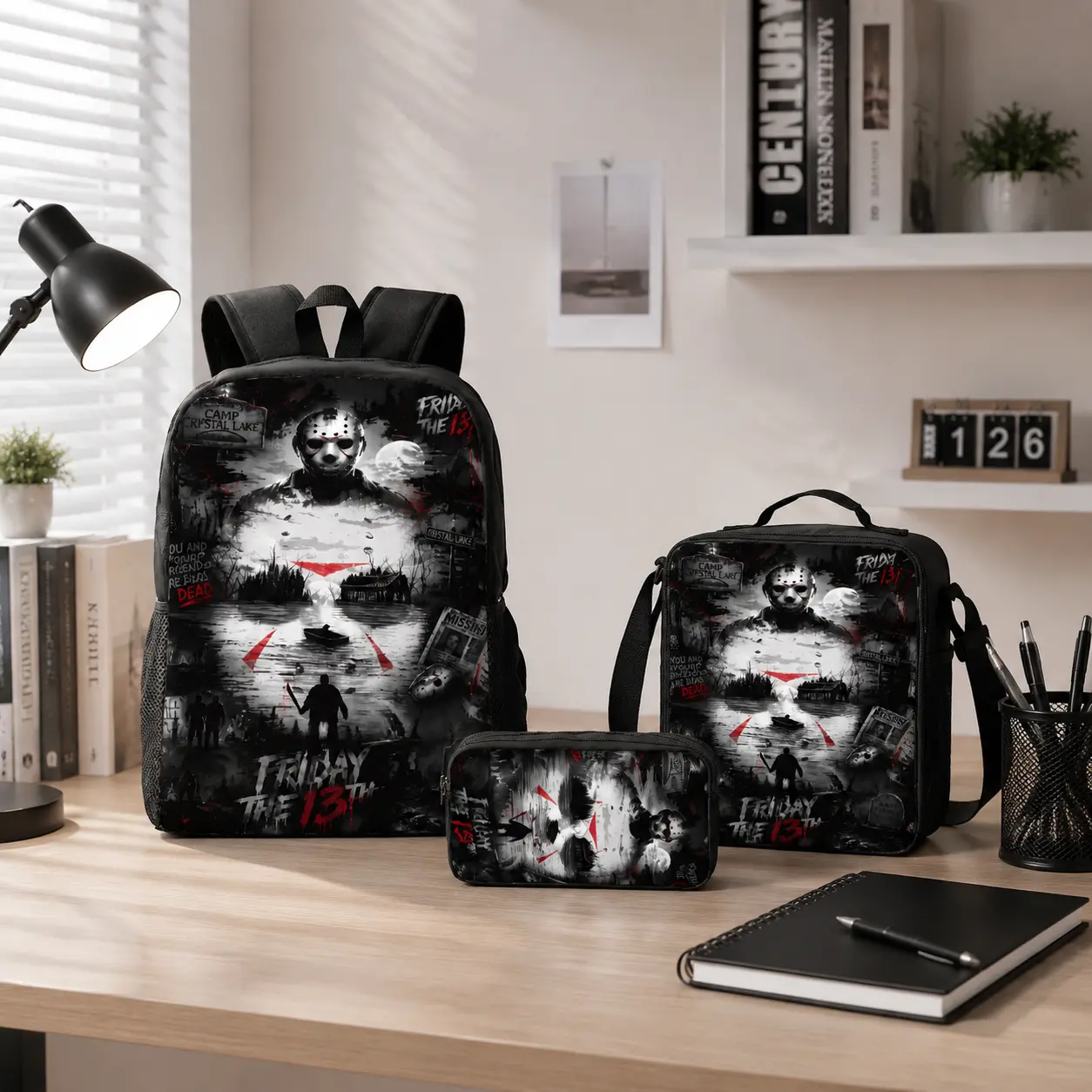Friday the 13th 3-Piece Backpack Set for Teens, Roomy Horror Inspired Graphic Print, Lightweight School Bag with Laptop Holder, Lunch Box & Pencil Case - Back to School Holiday Gift, Back To School Haul