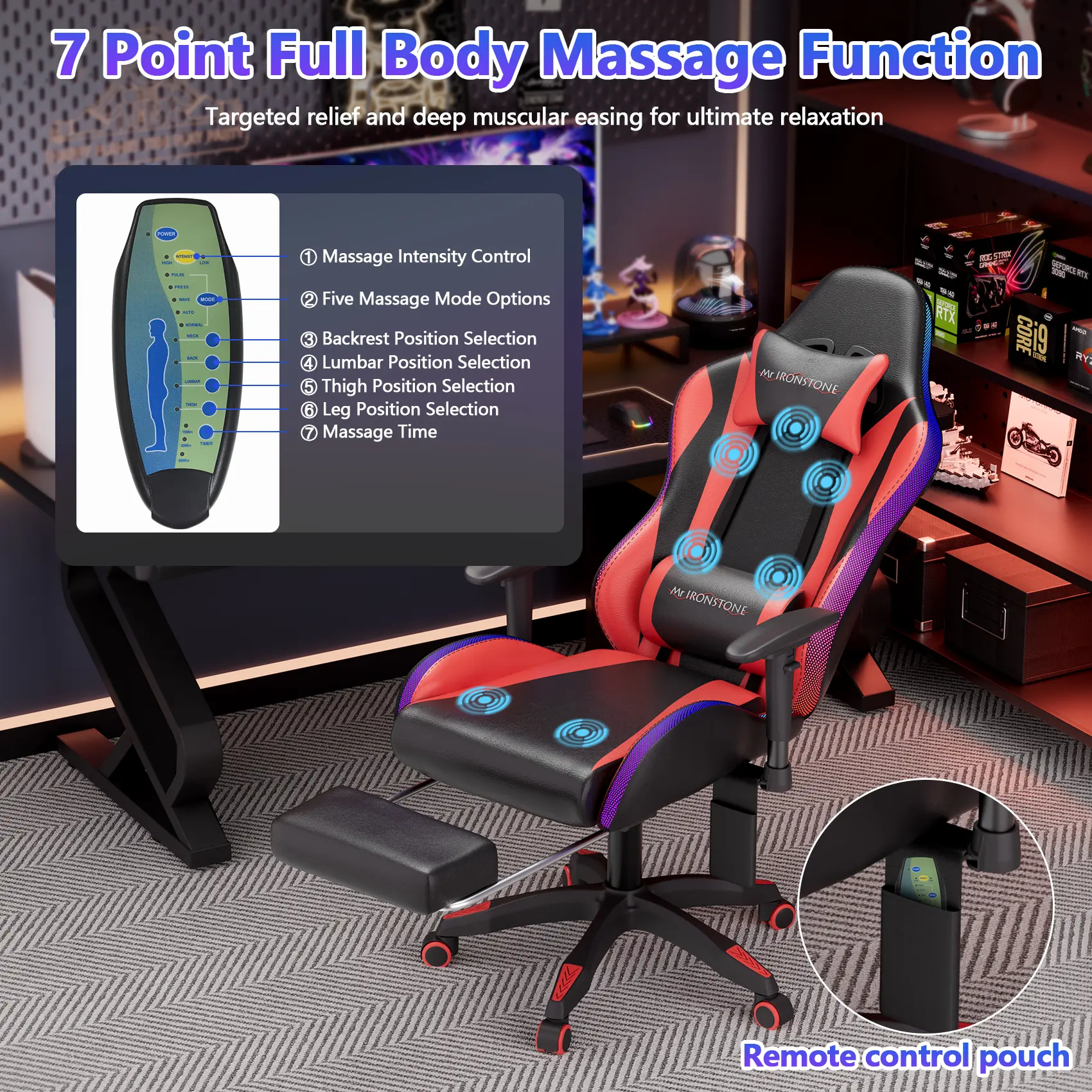 【7-POINT Massage】Mr IRONSTONE Massage Gaming Chair 7-Point, Office Chair with Led Lights & Speakers and Footrest and Lumbar Support, Adjustable Seat Height Ergonomic, 145° Reclining Max