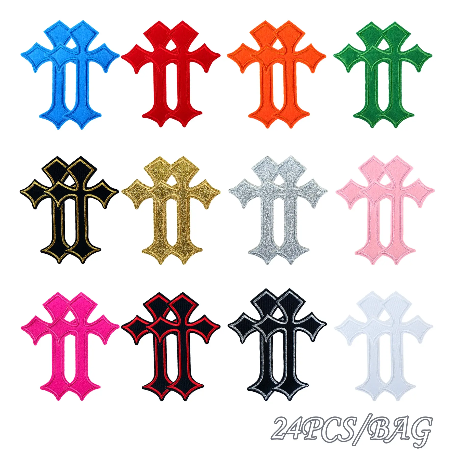 24pcs Cross Pattern Iron-On Patches, Cross Design Appliques, Cross Embroidery Design Set, Cross Embroidery Patterns, Unique Embroidery, Sewing Embroidery DIY Decorative Stickers for Clothes Shoes Bags Hats, Clothing Jackets Caps, Decoration For Bags