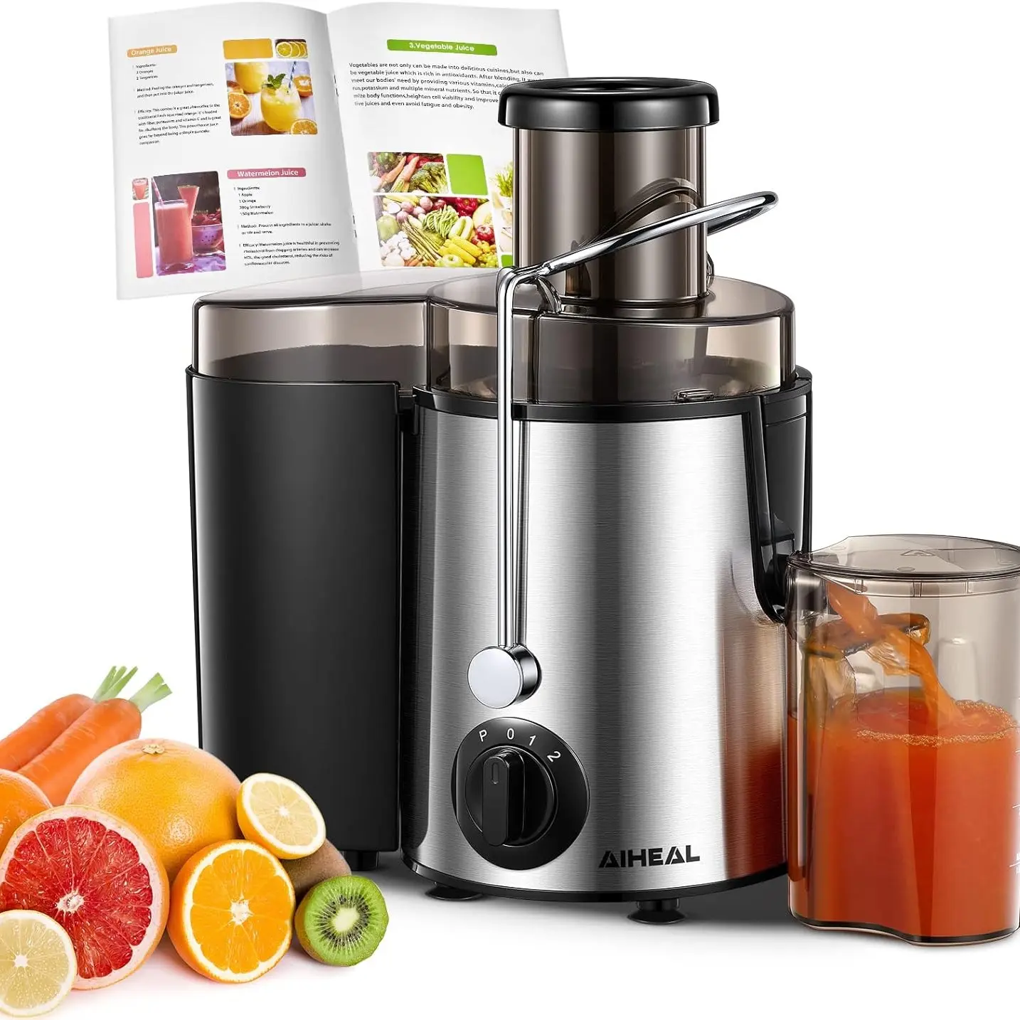 Aiheal Juicer Machine - 3" Wide Mouth High-Speed Powerful Multifunctional Fast Centrifugal Juicer, 3-Speed Control, BPA-Free, Easy to Clean Stainless Steel Fruit & Vegetable Extractor, Includes Juice Recipe, Countertop Blender-Compatible, High-Speed Centr