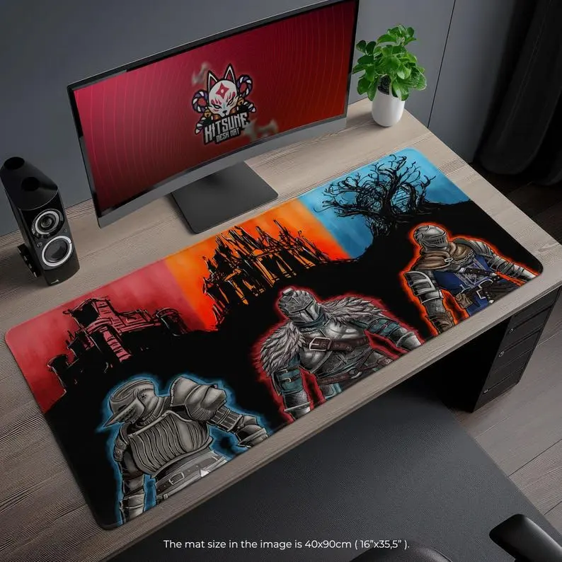 Dark Souls Desk Mat - Iconic Knight Trio with Vibrant Backdrop, Fantasy Gaming Mouse Pad, Gift for Gamers