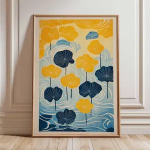 Lotus Flower Poster, Japanese Wall Art, Botanical Print, Water Lily Artwork, Yellow and Blue Floral Design | Unframed N
