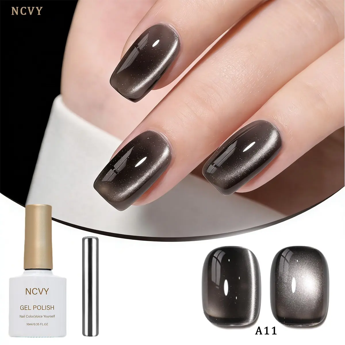 NCVY black Cat Eye Magnetic Gel Nail Polish, 10ml/0.35oz with magnetic tool, long-lasting formula with LED curing, salon quality, perfect for DIY at home, ideal gift for Valentine's Day and spring/summer, safe formula free of HEMA.