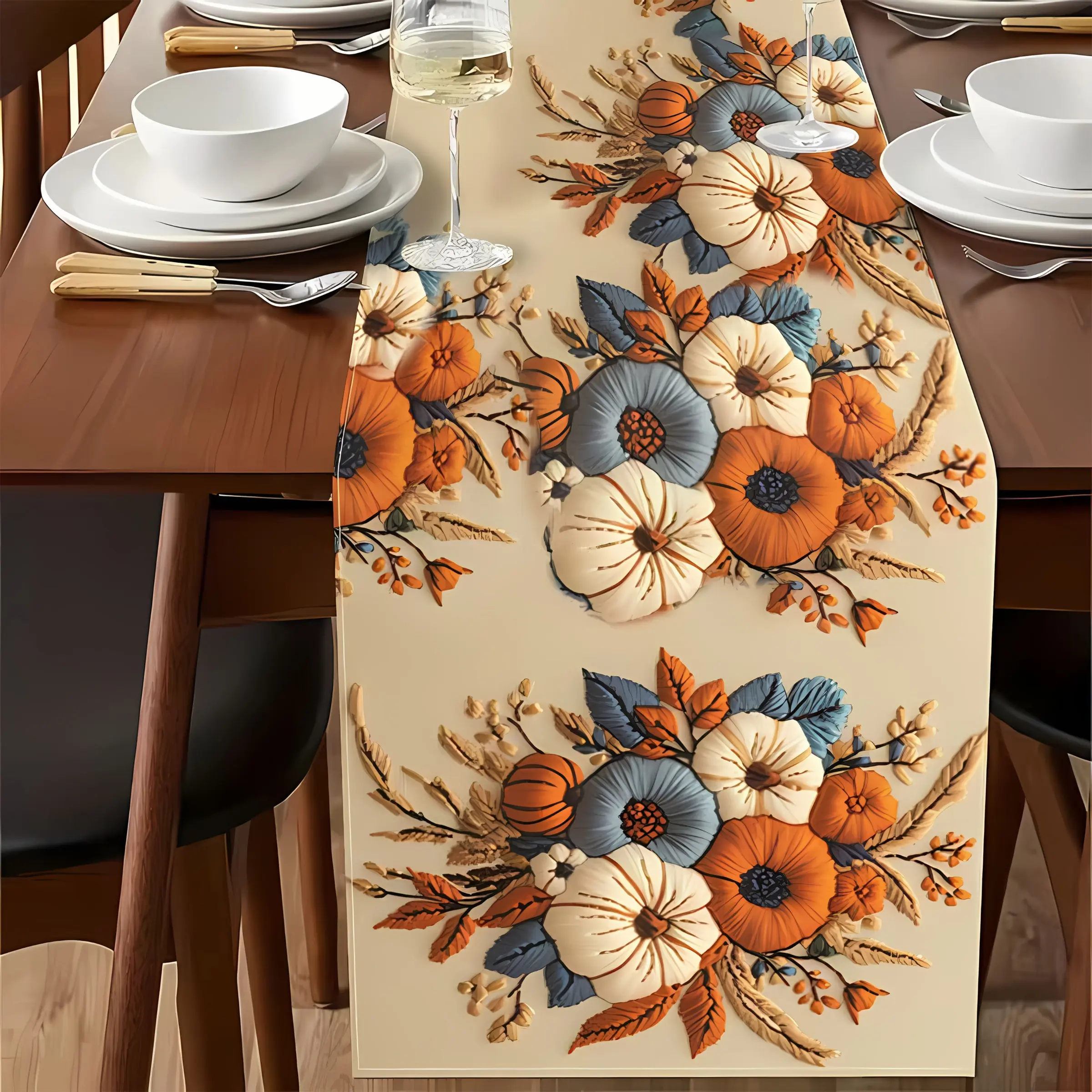 2D flat printing, 1-piece retro floral table flag with orange and white flowers, perfect for Thanksgiving, Valentine's Day, Christmas decoration - perfect for kitchens and restaurants, holiday gatherings