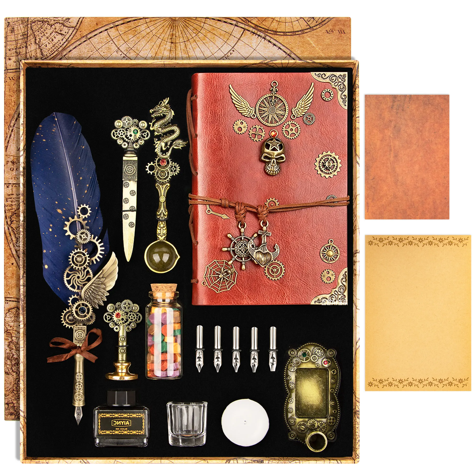 Steampunk Feather Quill Dip Pen Stationery Gift Set, Vintage Calligraphy Kit with Red Leather Journal, Wax Seal Stamp, Sealing Wax Beads, Ink Bottle, Complete Writing Supplies for Book Lovers Birthday Christmas Graduation Gift