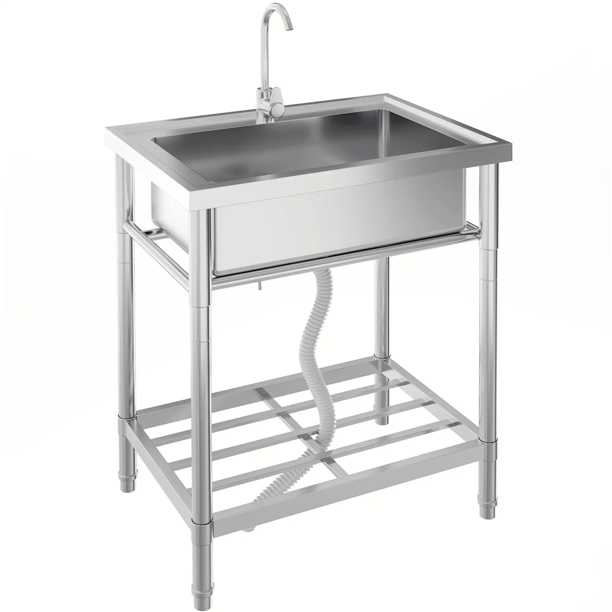 Commercial 28-inch Freestanding Sink with Lower Shelf and Hot/Cold Faucet | Keywords: food prep sink, multifunctional sink