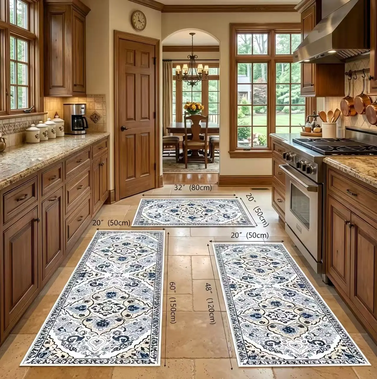 Azulia Home Farmhouse Kitchen Rugs Set of 3 (20"x24", 20"x30", 20"x48"), Non-Slip Washable Boho Kitchen Mats, Runner Rug for Floor, Kitchen, Laundry, Hallways