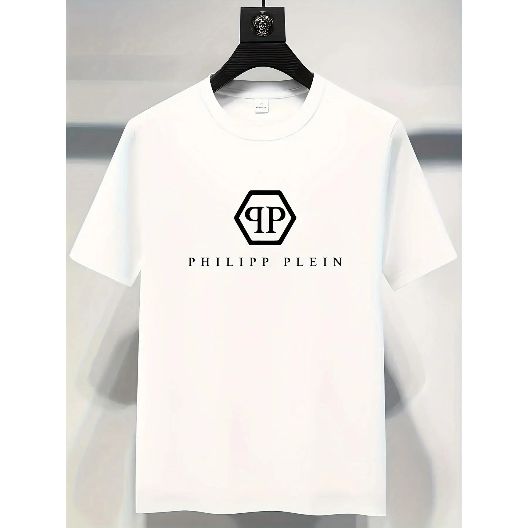 Philipp Plein Men'S Casual T-Shirt - 100% Polyester, Geometric Design, Round Neck, Short Sleeve, Summer Fashion Graphic Tee with Reinforced Stitching,
