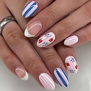 Machine Printed Summer Fruit Press-On Nails, Nail Art Design, Strawberry Blueberry Striped French Party Short Ballerina Nails, 24pcs DIY False Nails for Women and Girls