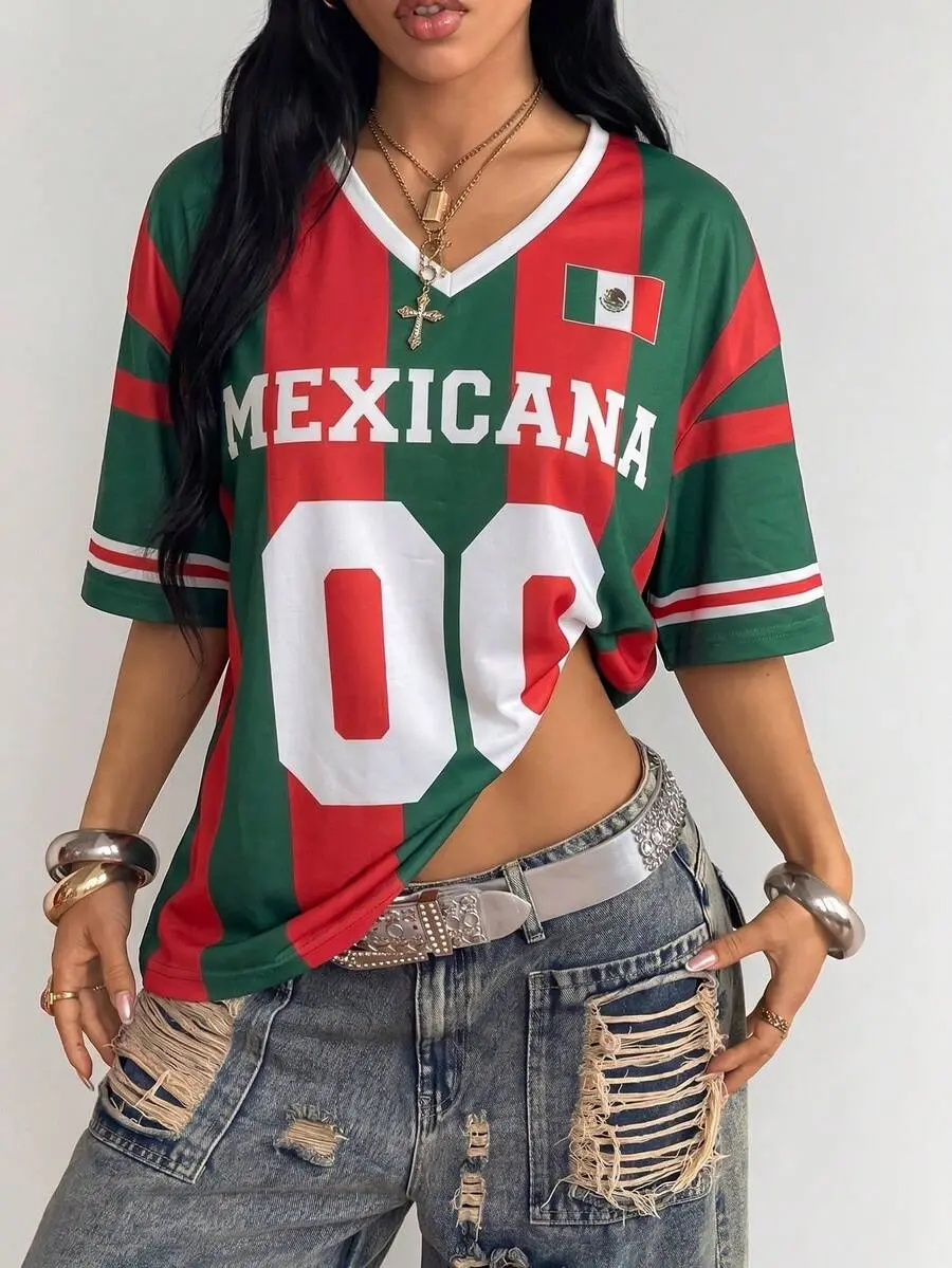 [WCDeals] 2026 Women's Mexico Style Knit V-Neck Casual Football Jersey, With National Flag Pattern And Team Number, Relaxed Holiday Vibe, Summer Top, Holiday Blouse