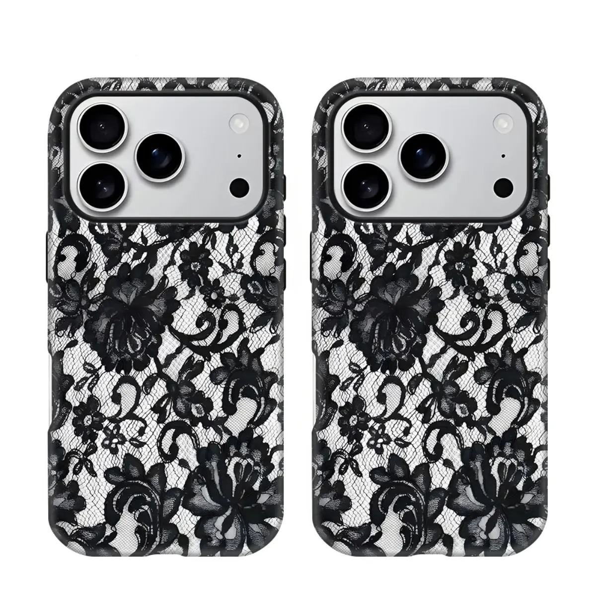 Retro White Lace Floral Print 2-in-1 Glossy Phone Case - Durable, Shock-Absorbing Smartphone/Cellphone Protection for iPhone 12-17, 11, X, Samsung & Handheld Devices - Ideal Holiday Gift for Friends, Casing