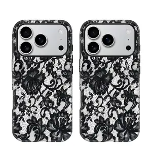 White retro lace floral print, durable and shock-absorbing glossy 2-in-1 phone case, suitable for iPhone 17, 16, 15, 14, 13, 12, 11 X, Samsung and other series models, can be given as a holiday gift to friends or home