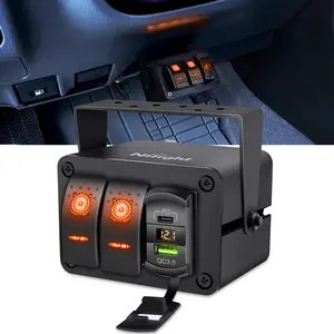Nilight Detachable Switch Box - 2-Gang SPST ON-Off Toggle Switches, 12V, PD Type-C & QC 3.0 USB Socket, Voltmeter, Orange LED Light, Waterproof Aluminum Bracket Panel, ABS, Pre-Wired, Rotatable Mount for Boat, Car