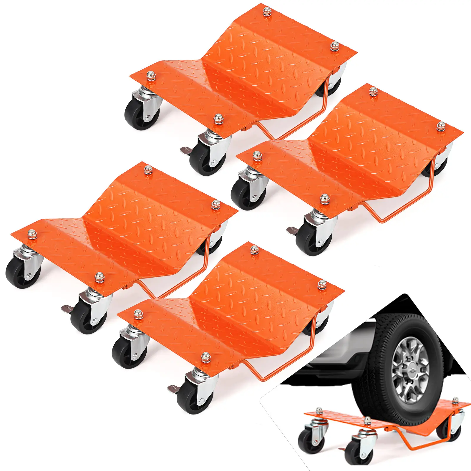 Heavy duty vehicle wheel cart kit -1500 pounds per cart (total 6000 pounds), 360 ° lockable casters, suitable for cars, trucks, motorcycles - tire carts for garages and car repairs, red and black