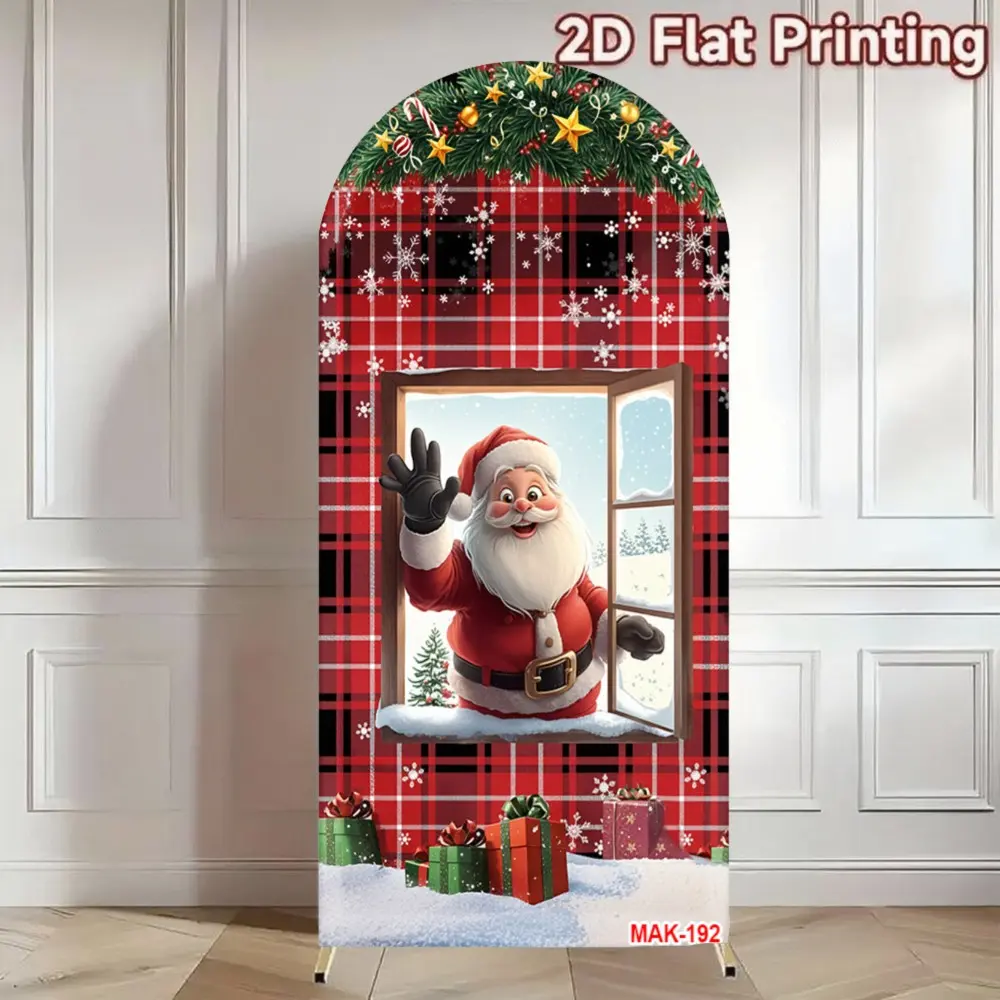 Santa Claus Window Snowflake Red Plaid Arch Backdrop Cover Double-Sided for Merry Christmas Party Holiday Celebration Decor Background