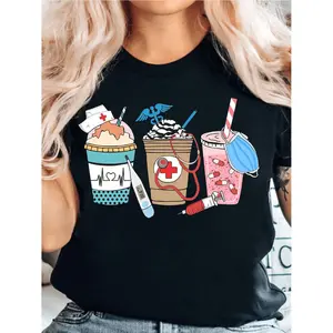 Nurse Appreciation Graphic T-Shirt With Coffee Cup Stethoscope And Syringe Design For Healthcare Workers Black Casual Summer Top Machine Washable Gift For Medical Professionals Nursing Themed Apparel