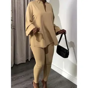 You should be happy. Jacket plus size solid color pants set, V-neck lantern sleeve slit side top and tight fitting pants set, women's plus size clothing, women's collar can be paired with raincoat