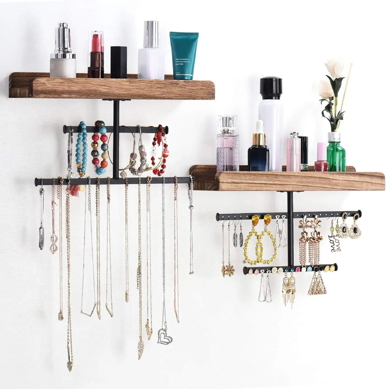 Hanging Wall Mounted Jewelry Organizer with Rustic Wood Jewelry Holder Display for Necklaces Bracelet Earrings Ring Set of 2 Carbonized Black,[Patented]