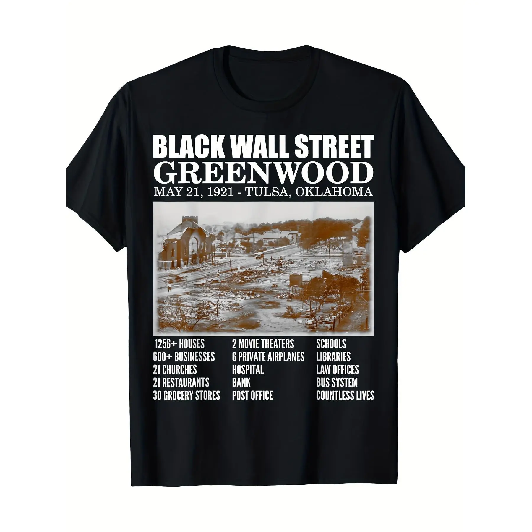 Men's Plus Size Casual Streetwear Vintage Cotton T-Shirt - Black Wall Street Greenwood 1921 Tulsa Oklahoma Commemorative Print, Soft Breathable Crewneck Shortsleeve Top, Machine Washable Historical Tee for Outdoor Travel