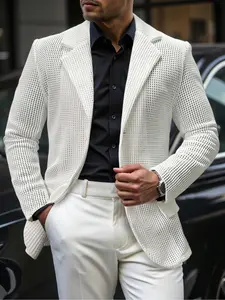 Men's Hollow Out Grid Collared Casual Business Suit Jacket, Spring & Fall Fitted Long Sleeve, Perfect for Evening Parties and Weddings