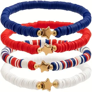 4PCS Independence Day USA Flag Color Polymer Clay Beaded Bracelet Set Red, White, Blue Star Beaded Bracelet Handmade Soft Polymer Clay Elastic Bracelet Set, Independence Day Jewelry Gift