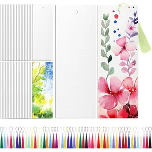 100 count Watercolor Paper Blank Bookmarks with Colorful Tassels DIY Book Marks Kit Cotton Watercolor Paper Bookmarks with Hole Bookmark Pad for DIY Classroom and Gifts Tags, 5.5 x 2 Inches