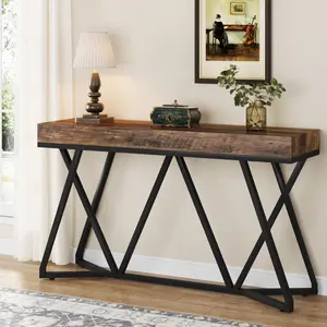 LITTLE TREE 55" Console Tables for Entryway, Industrial Wooden Sofa Table, Entryway Furniture with Geometric Metal Base for Living Room, Entrance, Hallway