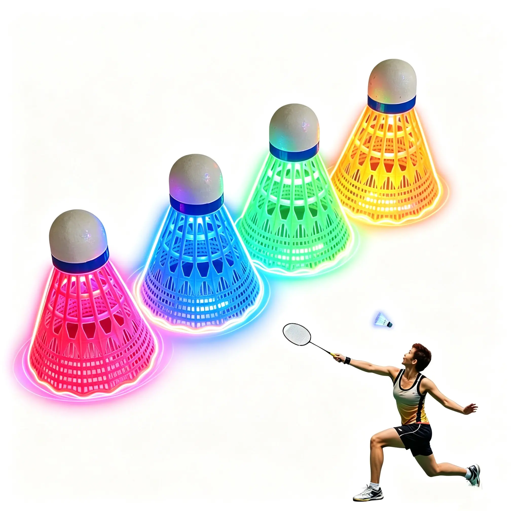Glow in The Dark Badminton Birdies,LED Badminton Shuttlecocks for Family Backyards Practice,4 PCS Nylon/Goose Feather Long Lasting Light Up Birdie Balls Set for Indoor Outdoor Sports