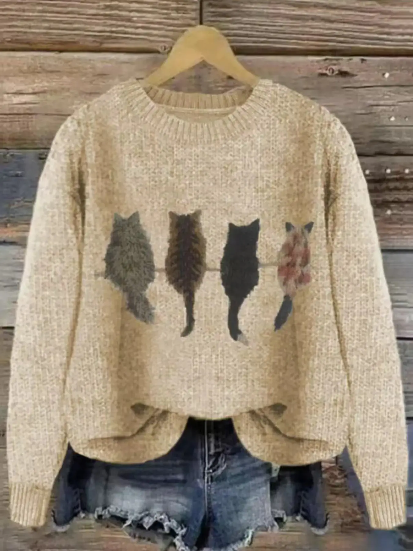 Women's Cat Pattern Knit Sweater, Soft Comfortable Round Neck Pullover, New Design Casual Fashion Lazy Style Top, Knitwear