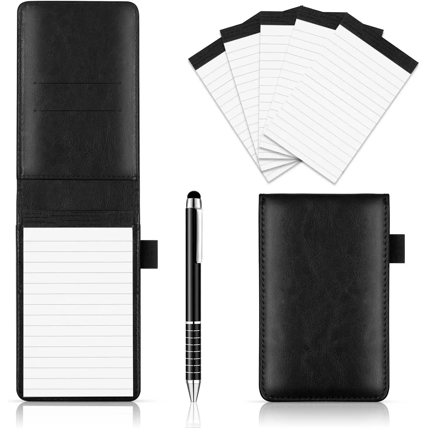 Business Style 7-Count Small Notepads Holder Set with Pen, 3x5 Inch Lined Pages (30 Per Pad), 5-Count Refills, Pen Holders & Card Slots for Conference Meetings (Black)
