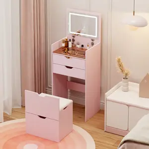 3 in 1 Multifunctional Dressing Table Set with LED Mirror 3 Lighting Modes Flip Up Mirror 2 Sliding Drawers Hidden Storage Stool Pink Vanity Desk for Bedroom