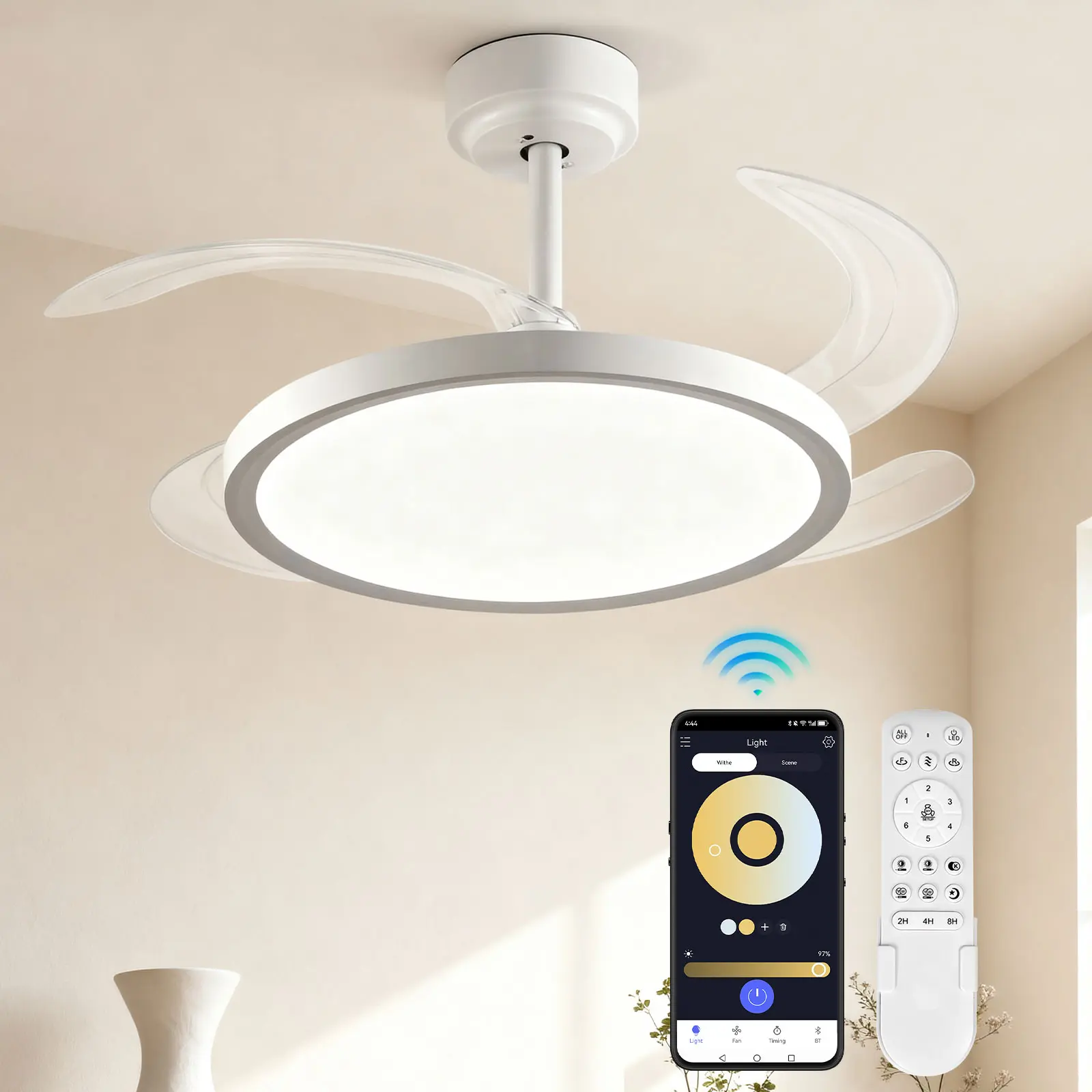 SUPERSHINX 42-Inch Modern Smart Ceiling Fan with Slim Retractable Flush Mount, Transparent Dimmable Full Spectrum Color Changing Bulbs, APP & Remote Control, Memory Function, 6-Speed Reversible Indoor Lighting Fixture, Full Spectrum Lighting, Mood Lightin