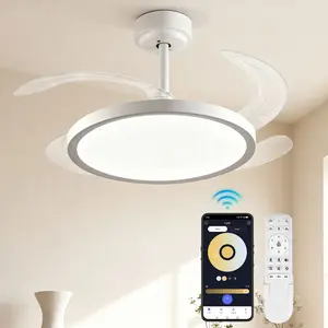 SUPERSHINX 42 Inch Modern Smart Ceiling Fan Slim Retractable Flush Mount APP Remote Control Dimmable Full Spectrum Memory 6-Speed Reversible Fan Room Decoration