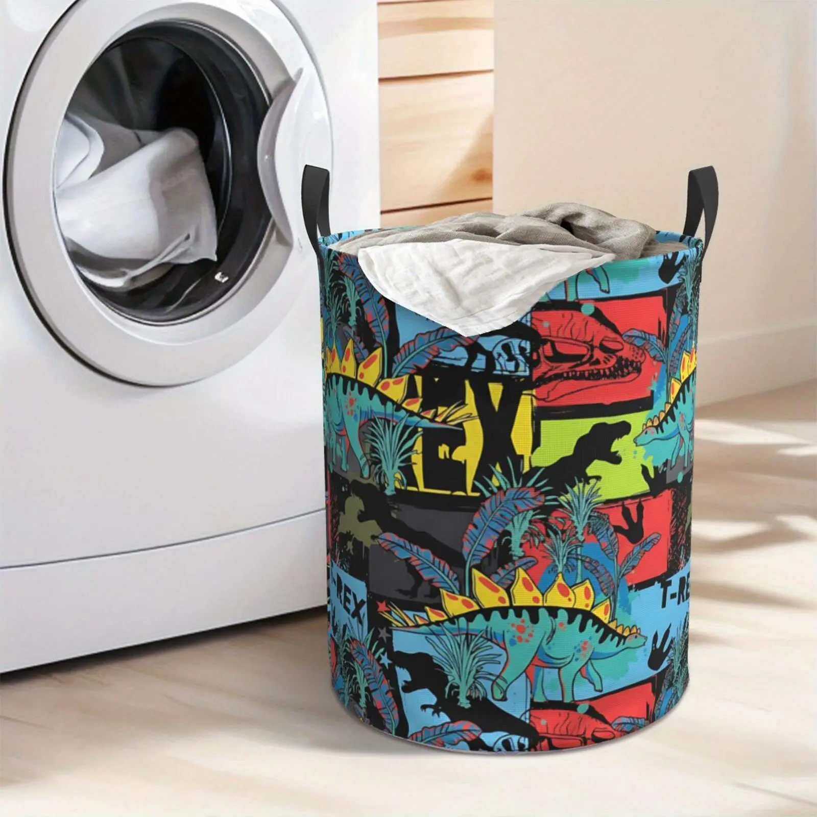 Collapsible Dino Pattern Laundry Basket - Sturdy Handle, Easy Store & Portable Oxford Cloth Hamper