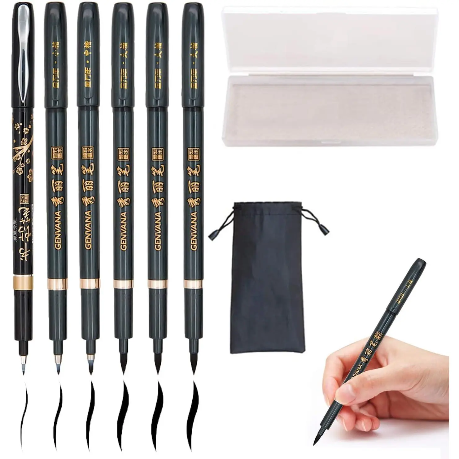 Hand Lettering Pens, Refillable Calligraphy Pens Brush Marker Pens Set Black, 4 Size for Writing, Painting, Drawing, Pack of 6