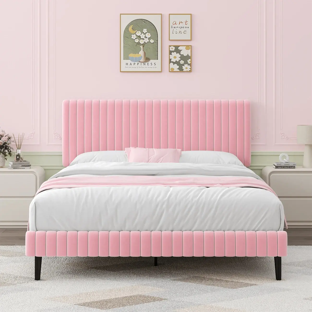 Upholstered Bed Frame, Velvet Upholstered Bed Frame With Headboard And Footboard, Vertical Channel Tufted Headboard, White/ Black/ Pink/ Green/ Blue, Twin/ Full/ Queen/ King, Queen Size Bed, Full Size Bed
