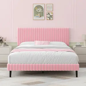 Upholstered Bed Frame, Velvet Upholstered Bed Frame With Headboard And Footboard, Vertical Channel Tufted Headboard, White/ Black/ Pink/ Green/ Blue, Twin/ Full/ Queen/ King