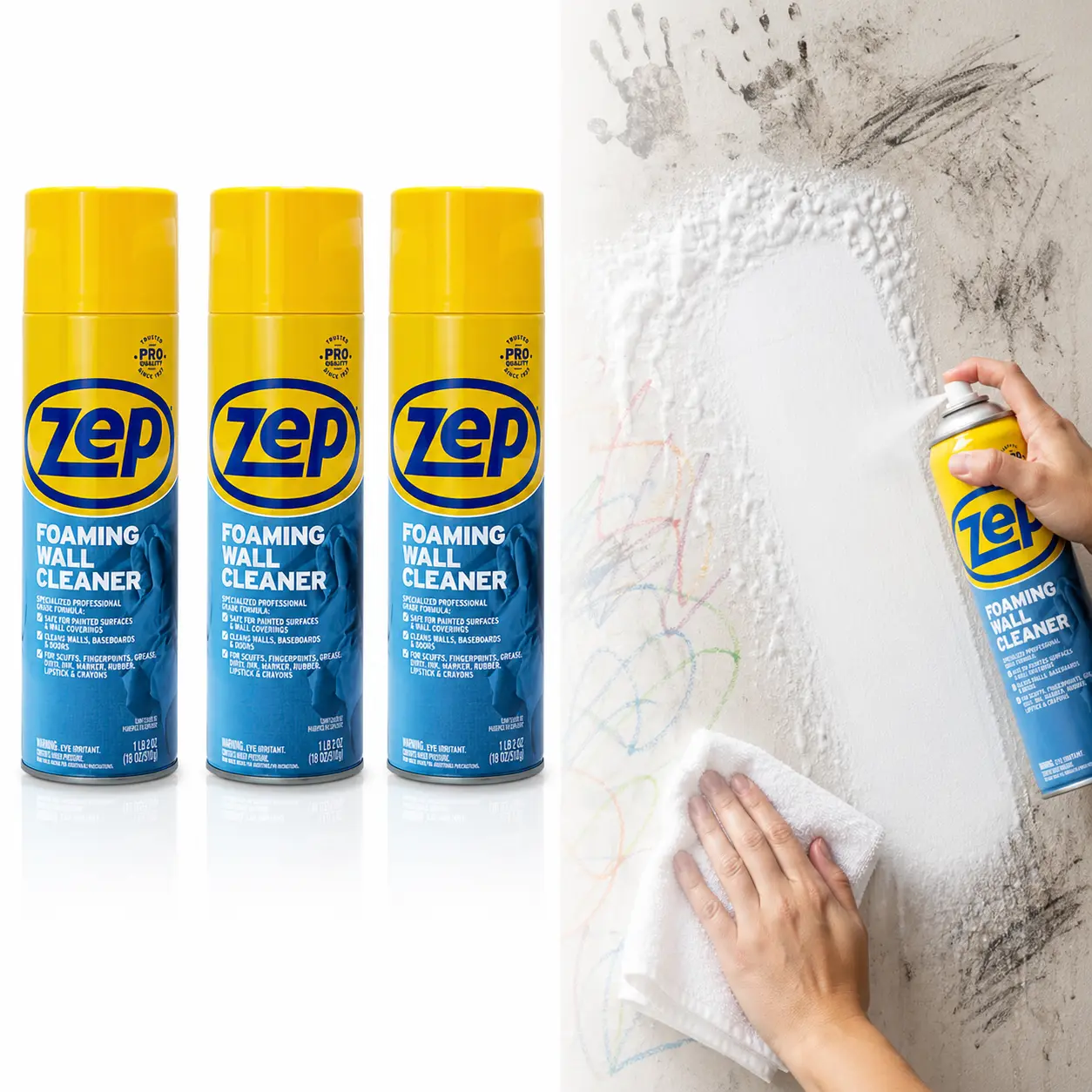 ZEP Foaming Wall Cleaner, 18 oz. Professional Wall & Surface Cleaner, ZEP Foam Works Quickly on Tough Stains, Damag-Free Cleaning for Paint & Finishes, Thick Foam Clings No Residue Left Behind, For Walls Tile Vinyl Woodwork