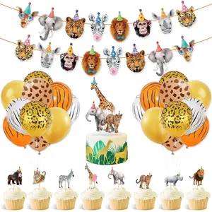 Safari Jungle Animals Party Decorations with Banner, Cake Toppers, and Balloons for Kids