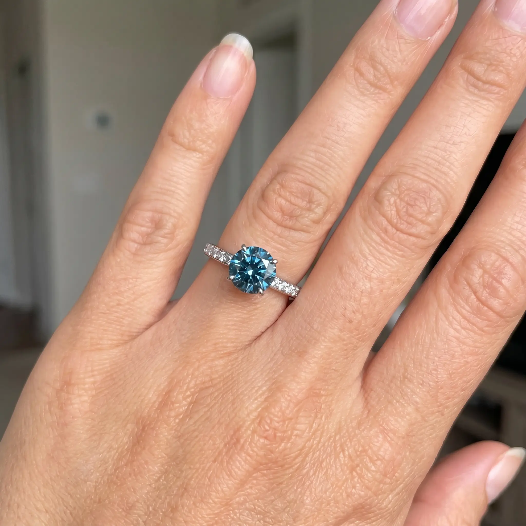 2Ct TW Round Brilliant Cut Blue Diamond Engagement Ring 14k White Gold