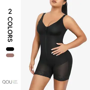 QOU Fajas Shapewear Bodysuit V-Neck Tummy Control Butt Lifting Black Lace Leg Band Stretchy Short Bottom with Zipper Crotch Adjustable Straps for Ladies waist trainer body shape, Breathable faja body shaper