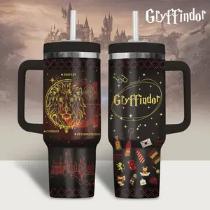 Gryffin H. Potter Tumbler 40oz with Handle, House Lion Crest Cup, World Magic Mug, Brave Red Gold Aesthetic Fan Gift, Fantasy Film Travel Mug, Stainless Steel Tumbler