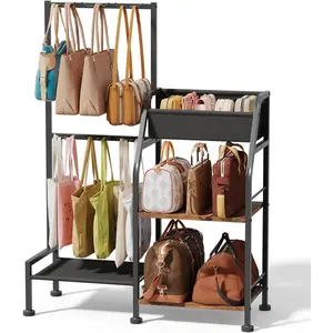 Purse Organizer for Closet - Purse Rack Stand with 12 Hooks, 2 Wooden Shelves, Large Capacity Backpack Storage, Handbag Organizer for Home Living Room, Black