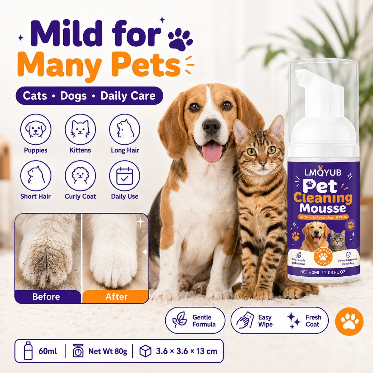 Waterless Pet Shampoo Foam for Cats and Dogs, No-Rinse Dry Shampoo Mousse with Grooming Glove, Quick Coat Cleaning and Fresh Scent, Pet Grooming Foam for Puppies, Kittens, Small Medium Large Dogs and Cats, Home and Travel Use, Easy Between Baths