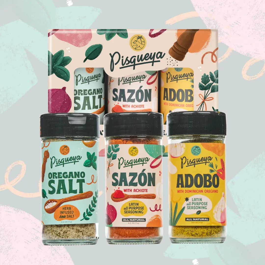 Pisqueya Sabor Seasonings Gift Set (3-Pack) | Latin-Caribbean Spice Bundle with Sazón, Adobo & Oregano Salt | Low Sodium, No MSG, No Fillers, Gluten-Free, Non-GMO | First-Gen, Woman-Owned