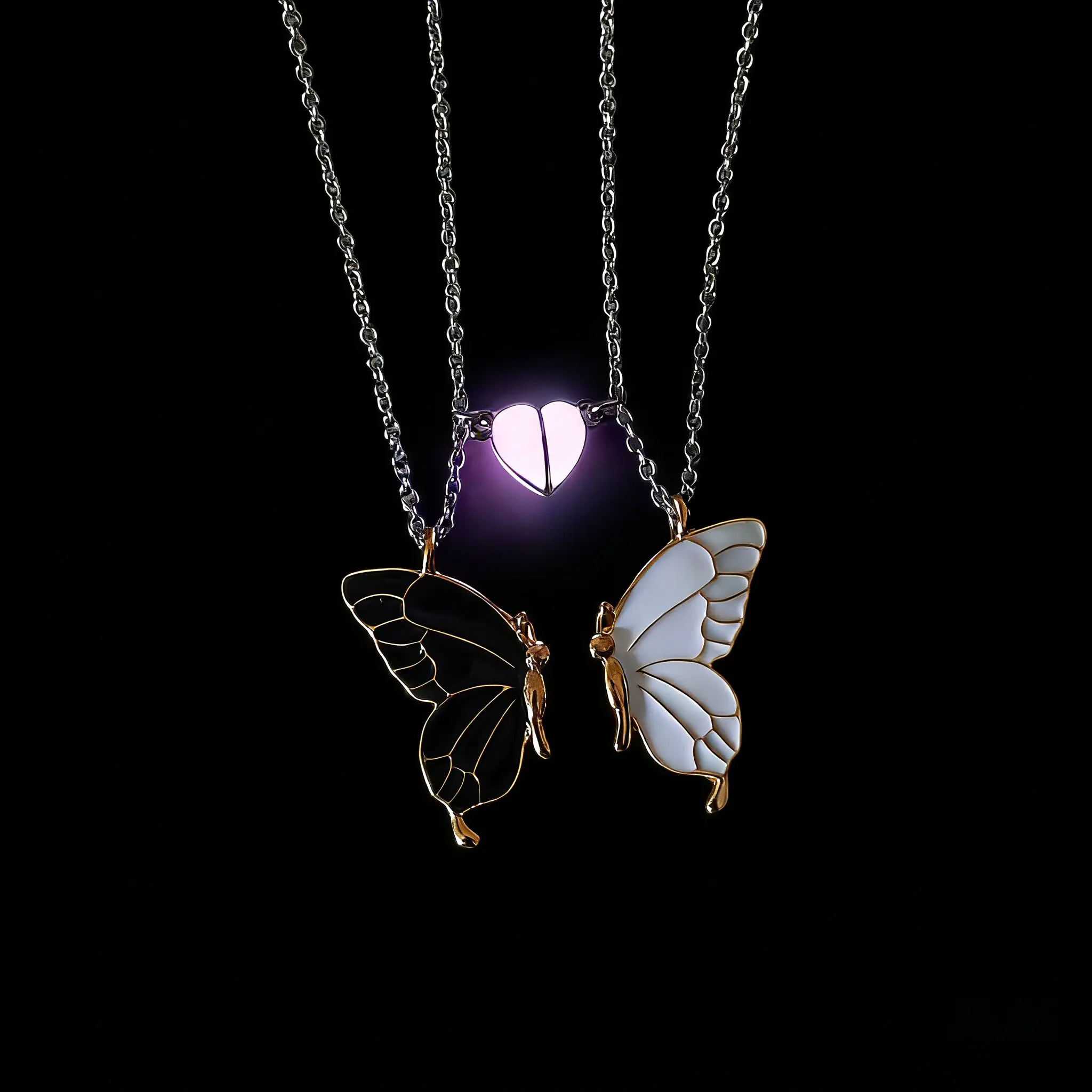 Set of 2 luminous heart-shaped black and white butterfly sister necklaces, cute and fashionable jewelry, a special gift for Valentine's Day.