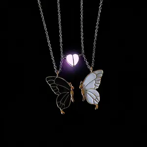 Set of 2 luminous heart-shaped black and white butterfly sister necklaces, cute and fashionable jewelry, a special gift for Valentine's Day.